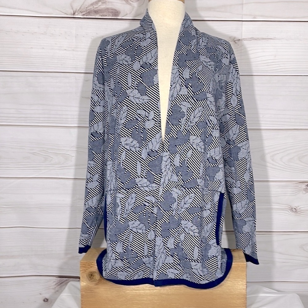 Lands' End Cotton Open Long Cardigan Jacquard Sweater Size Large 14/16